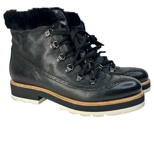 Napoleoni Italy Black Leather Ankle Boots Faux Fur Lugged Heeled 1.5" Women's 9